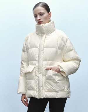 White Women's Urban Revivo Stand Collar Puffer Jacket | CVB4581NQ