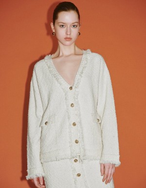 White Women's Urban Revivo Tweed Raw Trim V-Neck Knitted Cardigan | HWS5788OG