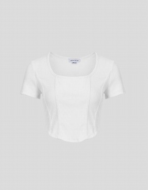 White Women's Urban Revivo U Neck Skinny T Shirts | YMI8148PP