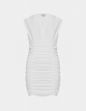 White Women's Urban Revivo V Neck Ruched Sleeveless Bodycon Dress | TIV2050EH