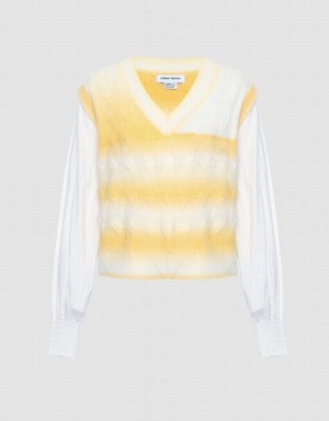 White Yellow Women's Urban Revivo 2 In 1 Striped Cable Knit Top Cardigan | SYZ4817NH