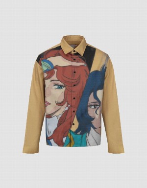 Yellow Men's Urban Revivo Printed Loose Shirts | JWA1955LF