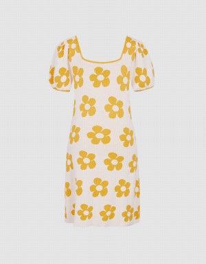 Yellow White Women's Urban Revivo Floral Pattern Puff Sleeve Knitted Dress | BMW8490EE