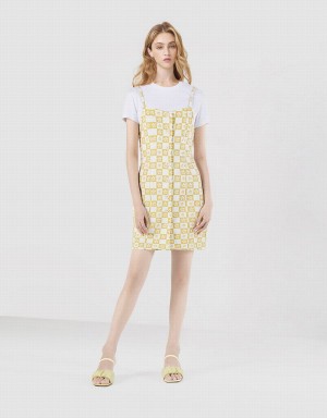 Yellow Women's Urban Revivo 2 In 1 Checkered Floral Denim Dress | SBE5322CD