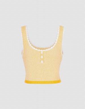 Yellow Women's Urban Revivo Contrast Trim Half Button Knitted Tank Top | NFK2176CG