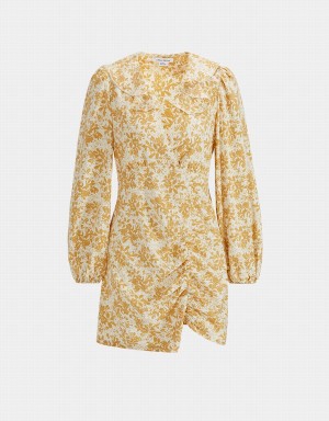 Yellow Women's Urban Revivo Floral Print Ruffled Collar Ruched Dress | NBL2714XR