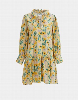 Yellow Women's Urban Revivo Floral Print Knot Front Ruffle Hem Dress | RHF6148MS