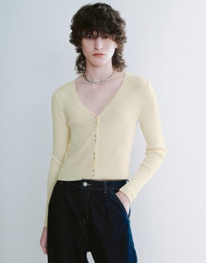 Yellow Women's Urban Revivo V-Neck Knitted Cardigan | PQY3369GX