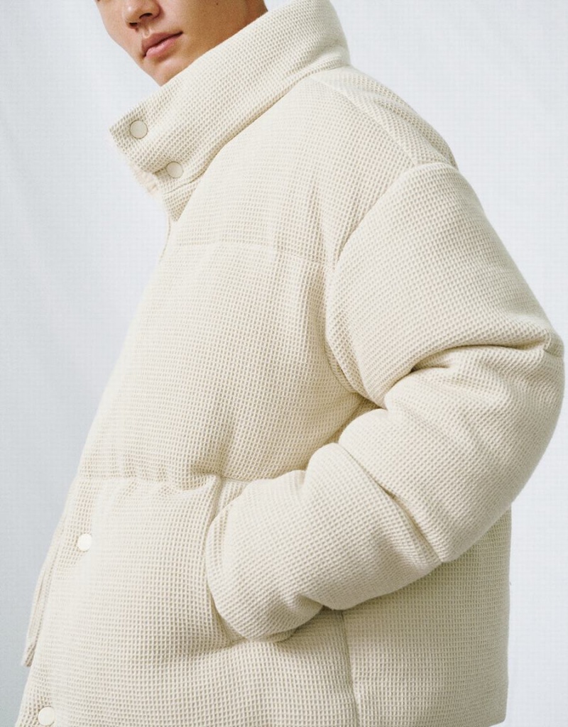 Beige Men's Urban Revivo Stand Collar Straight Down Jackets | BEB734PH