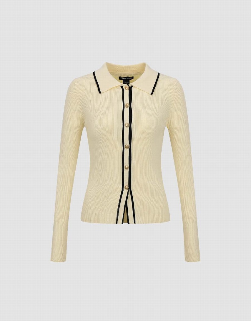 Beige Women's Urban Revivo Contrast Trim Knitted Cardigan | SHS8733QJ