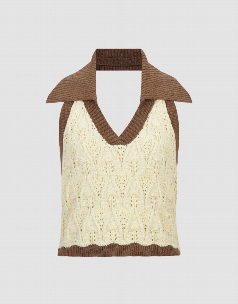 Beige Women's Urban Revivo Knitted Lapel Cardigan | IEJ2315UK