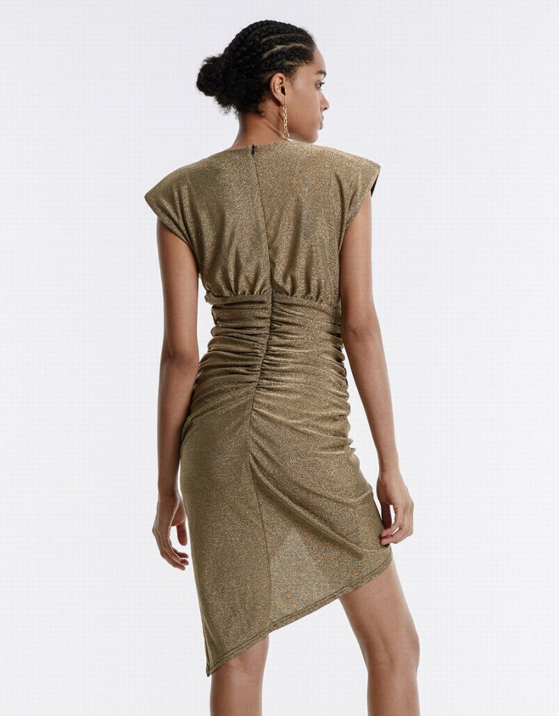 Beige Women's Urban Revivo Ruched Glitter Dress | CLI1493GL