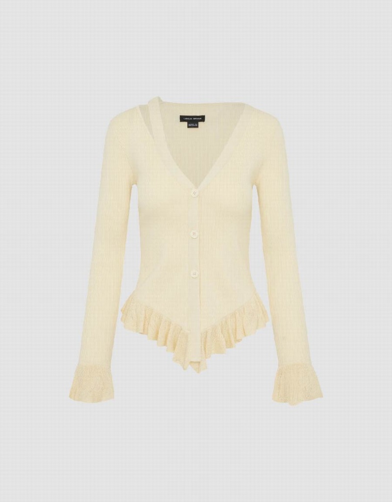 Beige Women's Urban Revivo Ruffle Hem V-Neck Knitted Cardigan | BAQ1484LA