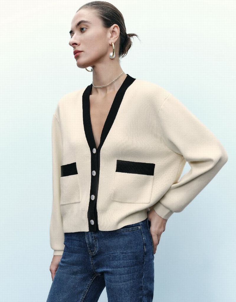 Beige Women's Urban Revivo V-Neck Knitted Cardigan | COF9942GJ