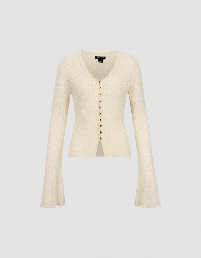 Beige Women's Urban Revivo V-Neck Skinny Knitted Cardigan | KRJ2026PA