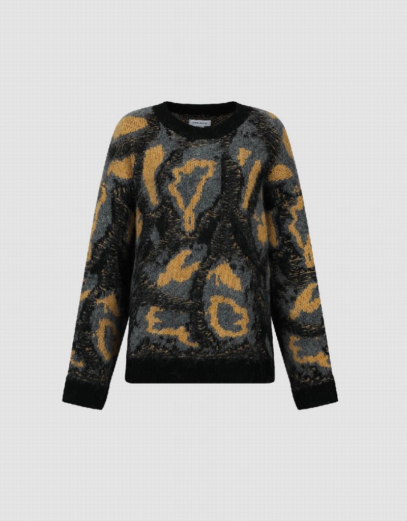 Black Gold Women's Urban Revivo Printed Crew Neck Loose Sweaters | JPE664DF