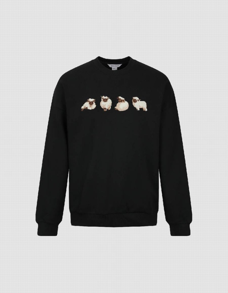 Black Men's Urban Revivo Animals Printed Crew Neck Sweatshirts | SYB9579DO