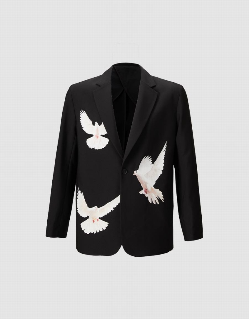 Black Men\'s Urban Revivo Bird Print Blazers | JQE1540QW