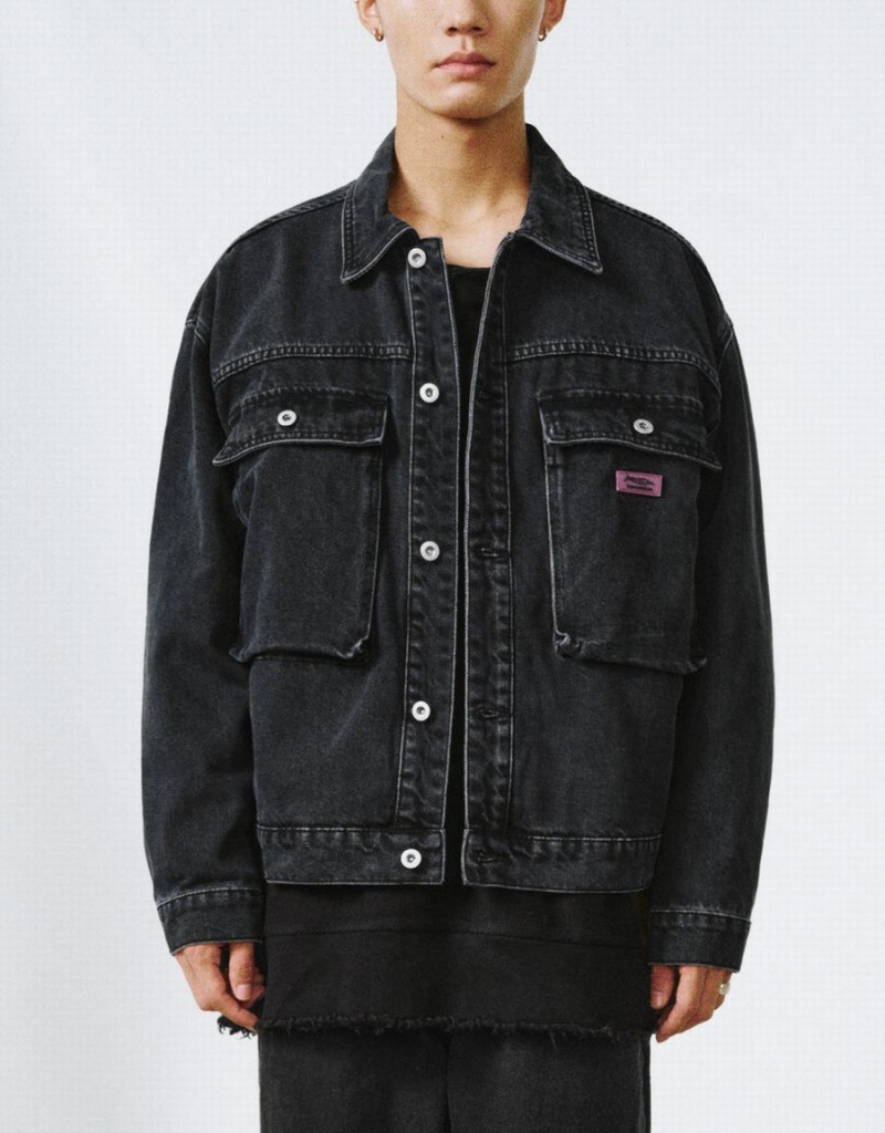 Black Men's Urban Revivo Button Up Denim Jackets | BJN4060EL