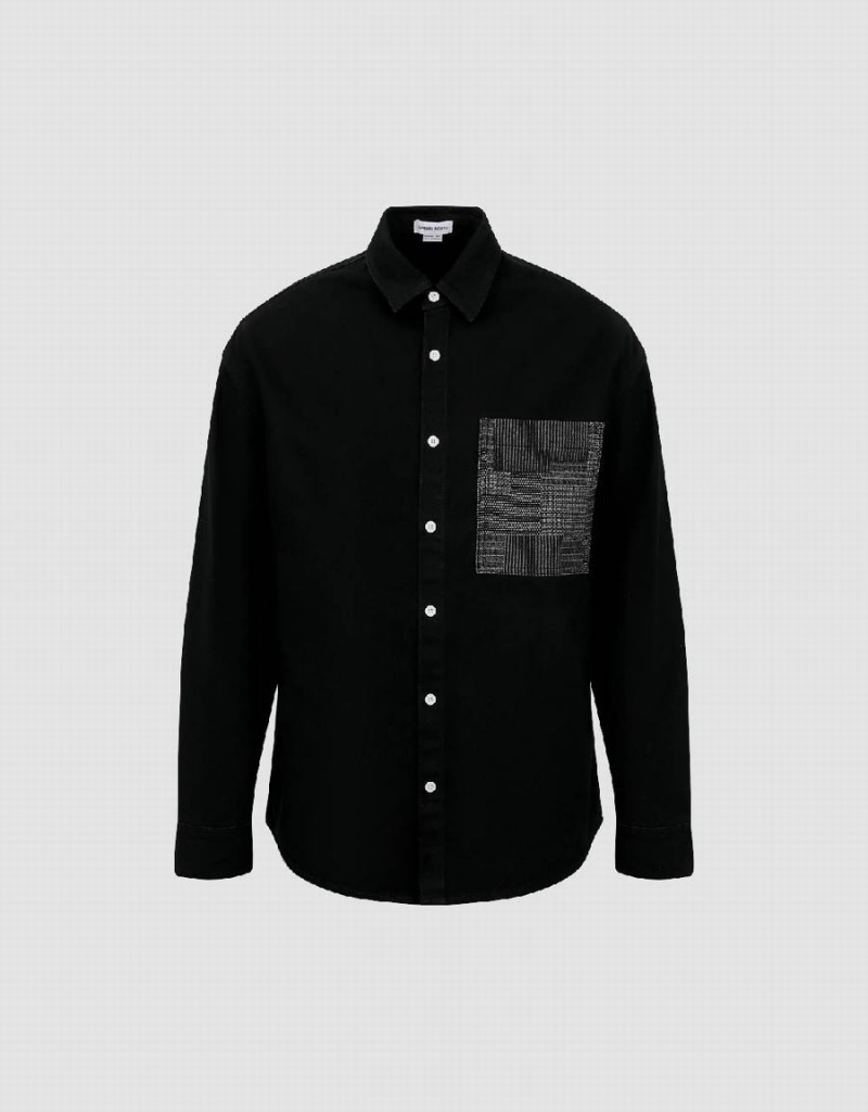 Black Men's Urban Revivo Button Up Loose Denim Shirts | REM8072DX