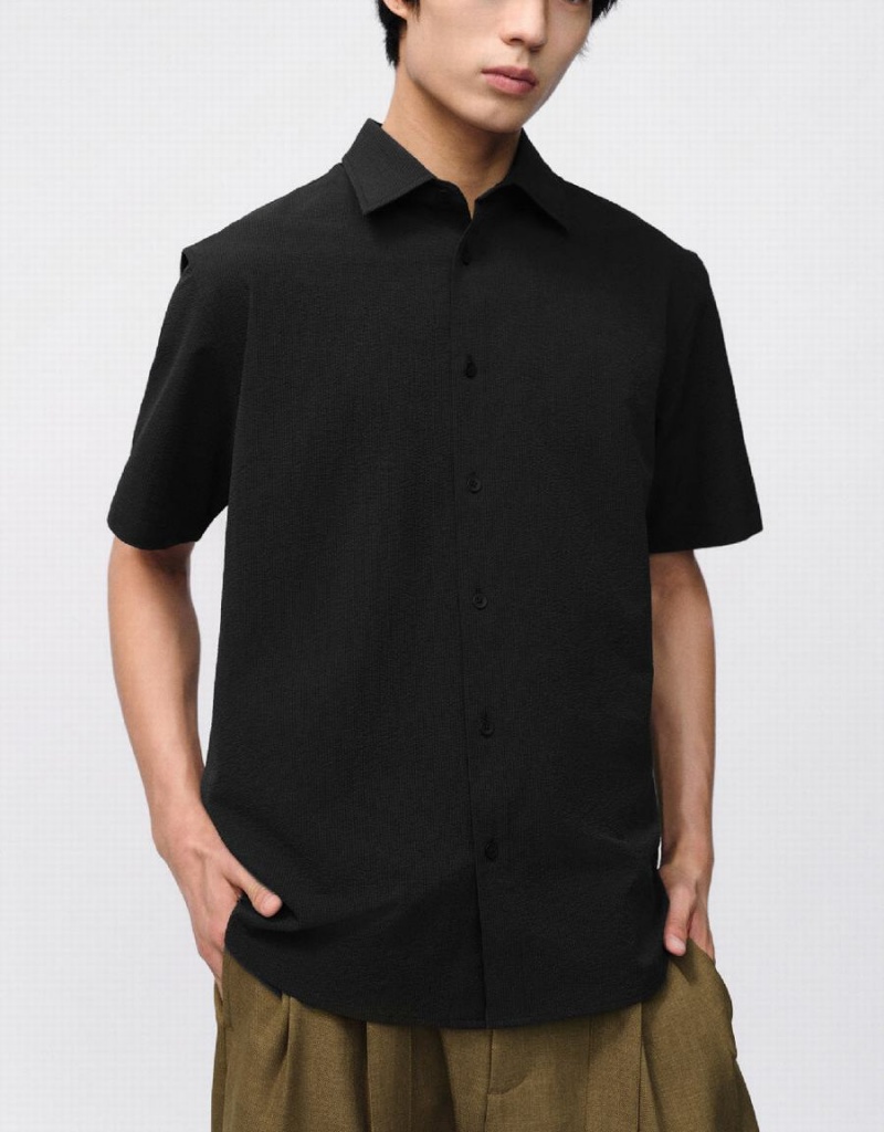 Black Men's Urban Revivo Button Up Loose Shirts | DJR1456EH