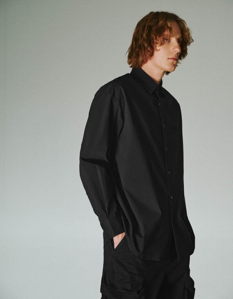 Black Men's Urban Revivo Button Up Oversized Shirts | BCH5196PG