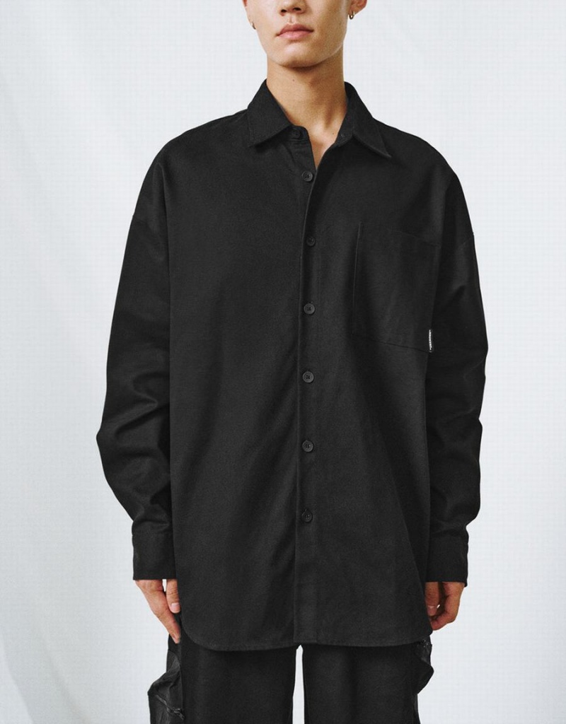 Black Men's Urban Revivo Button Up Oversized Shirts | ICV4384RW