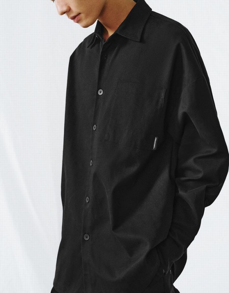 Black Men's Urban Revivo Button Up Oversized Shirts | ICV4384RW