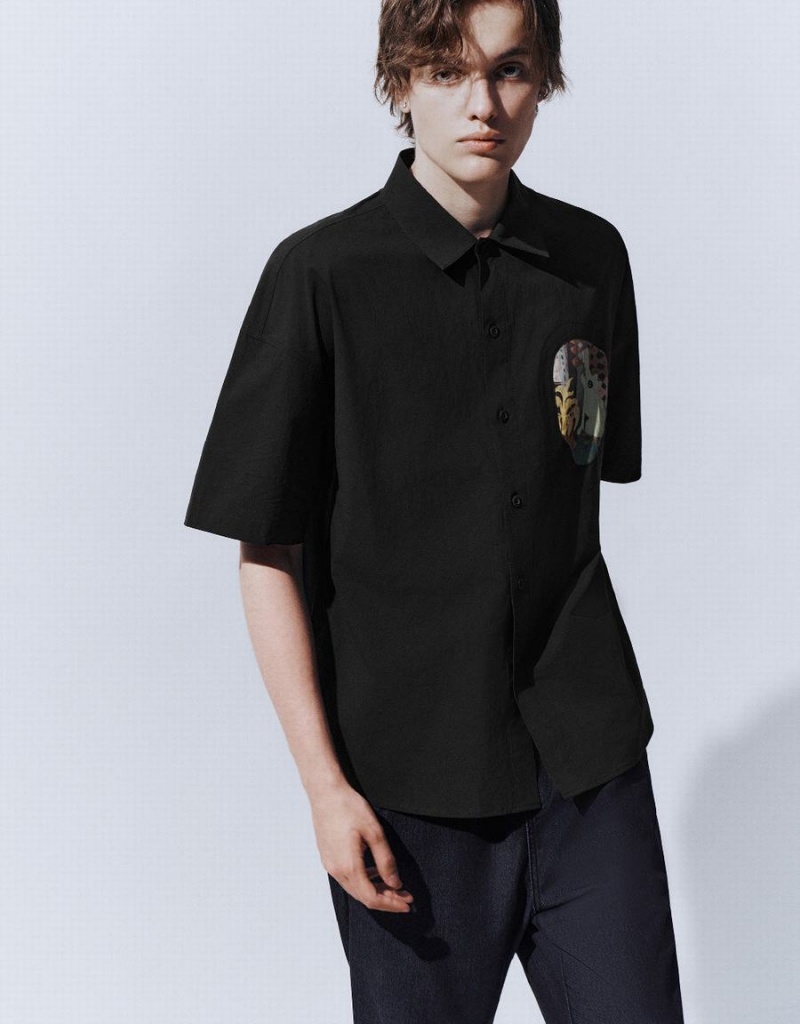 Black Men's Urban Revivo Button Up Oversized Shirts | VDS438TE