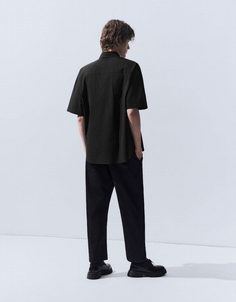 Black Men's Urban Revivo Button Up Oversized Shirts | VDS438TE