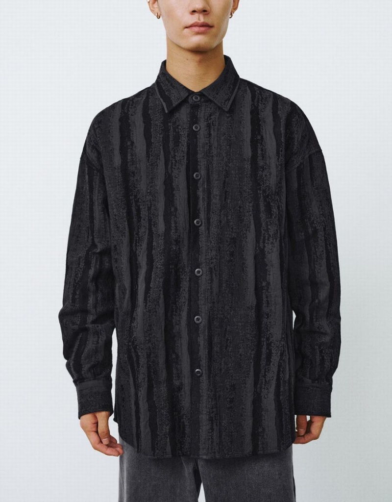 Black Men's Urban Revivo Button Up Printed Loose Shirts | TCG7715HW