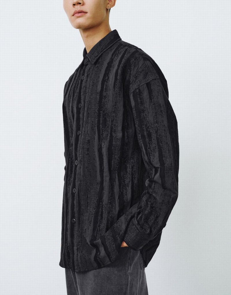 Black Men's Urban Revivo Button Up Printed Loose Shirts | TCG7715HW