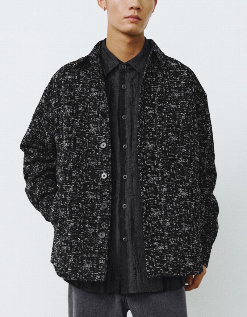 Black Men's Urban Revivo Button Up Printed Jackets | AOC4758NF