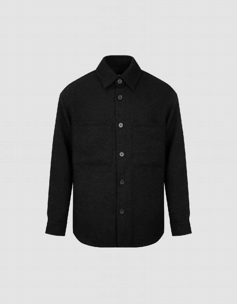 Black Men's Urban Revivo Button Up Straight Jackets | OMX6484VZ