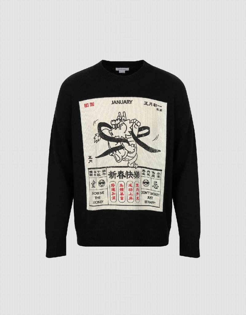 Black Men's Urban Revivo Calendar Printed Sweaters | TLY240GD