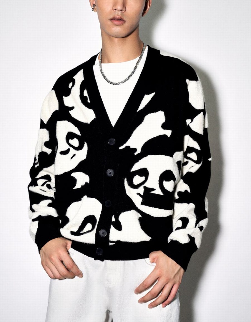 Black Men's Urban Revivo Cartoon Knitted Cardigan | KKM7775RB