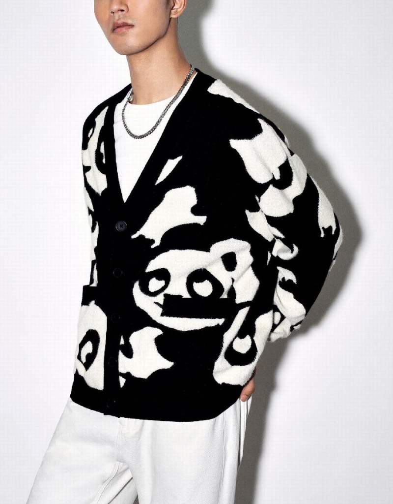 Black Men's Urban Revivo Cartoon Knitted Cardigan | KKM7775RB