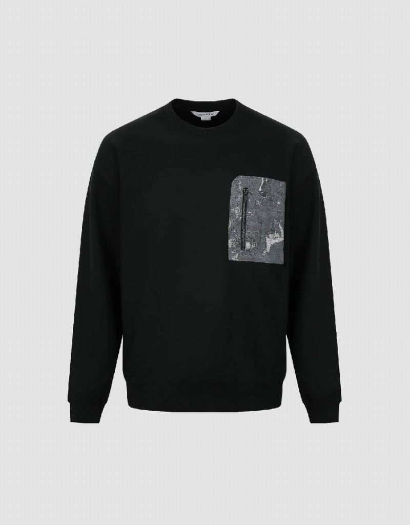 Black Men's Urban Revivo Crew Neck With Zipped Pocket Sweatshirts | IJC9079VM