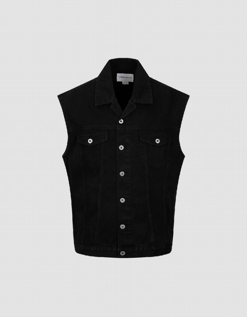 Black Men's Urban Revivo Denim Waistcoat Denim Jackets | LWJ6420JM