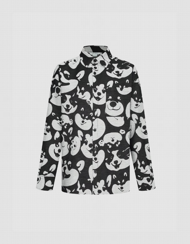 Black Men's Urban Revivo Dog Printed Oversized Shirts | TRW9084US