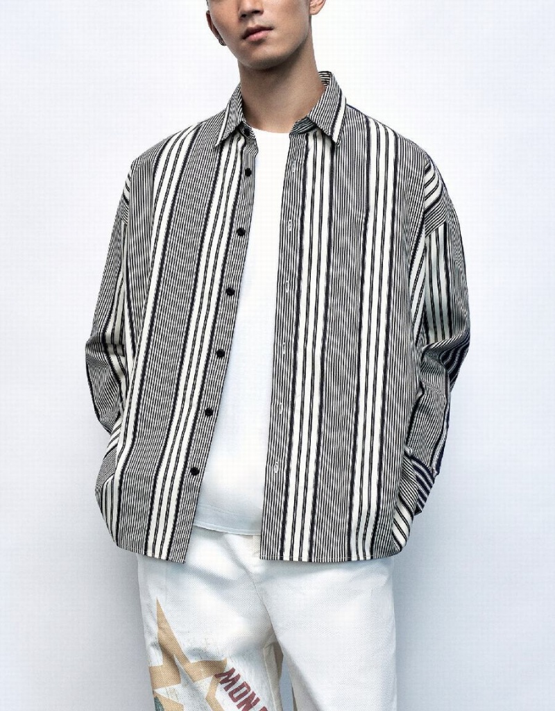 Black Men's Urban Revivo Dolman Sleeve Striped Loose Shirts | GXO9866AH