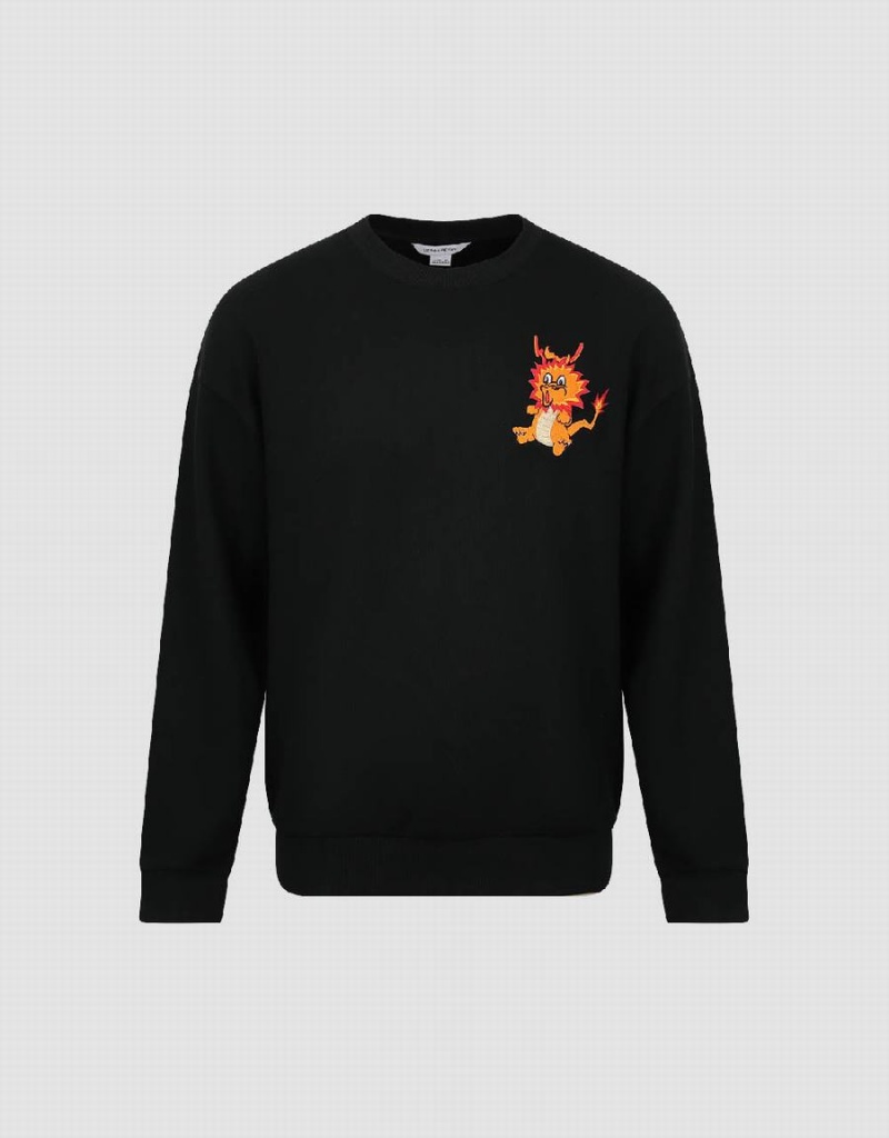 Black Men's Urban Revivo Dragon Embossed Crew Neck Sweatshirts | EHM4147ZZ