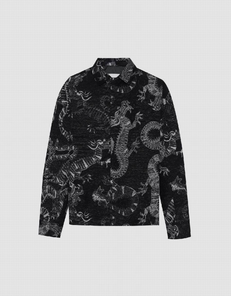 Black Men's Urban Revivo Dragon Printed Straight Jackets | RNV9220ME