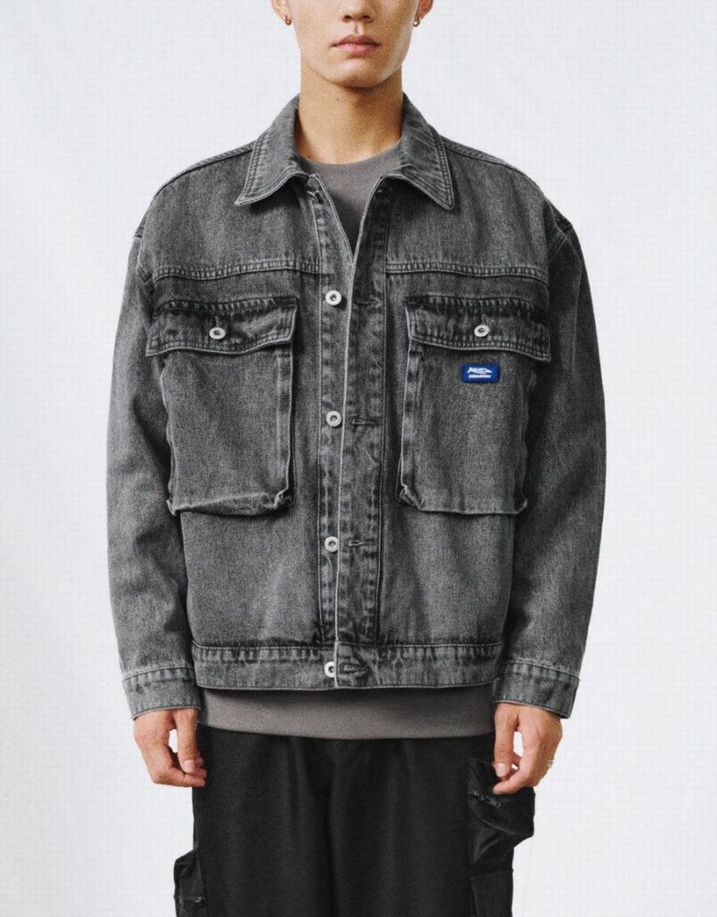 Black Men's Urban Revivo Drop Shoulder Sleeve Denim Jackets | DMA7036SL