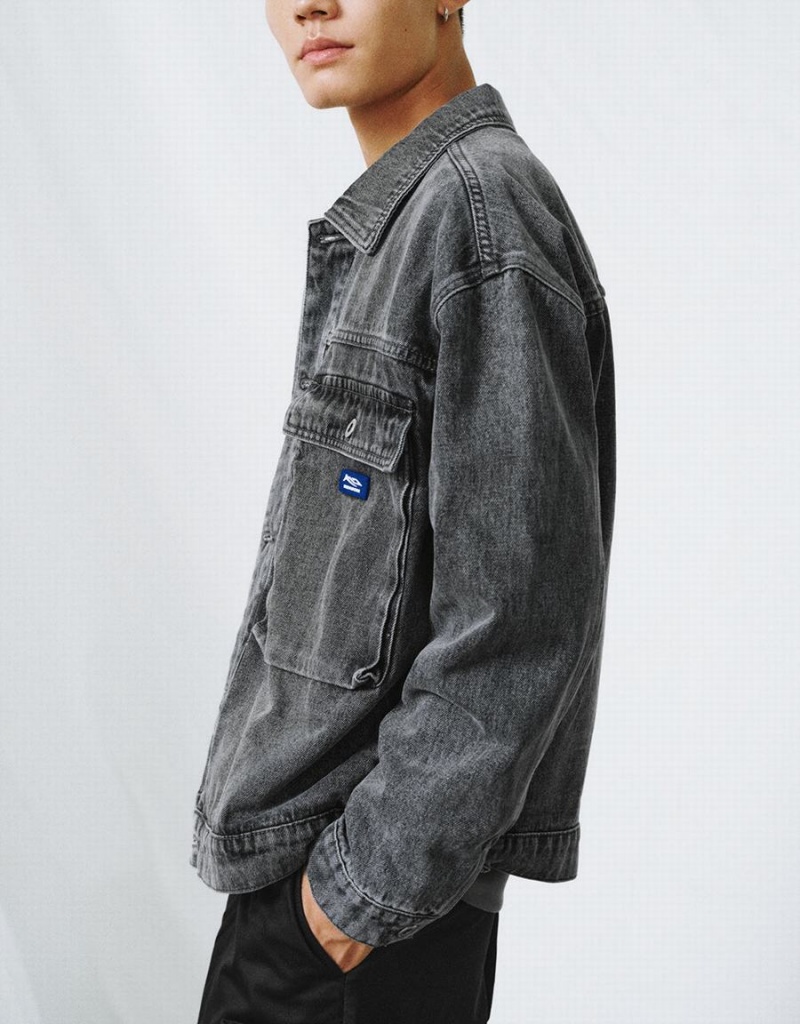 Black Men's Urban Revivo Drop Shoulder Sleeve Denim Jackets | DMA7036SL