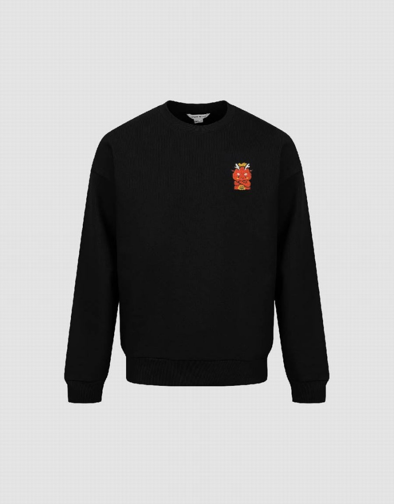 Black Men's Urban Revivo Embossed Crew Neck Sweatshirts | MQZ5147LX