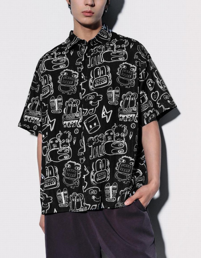 Black Men's Urban Revivo Graffiti Printed Oversized Shirts | GUT9257ZT