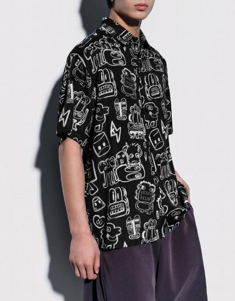 Black Men's Urban Revivo Graffiti Printed Oversized Shirts | GUT9257ZT