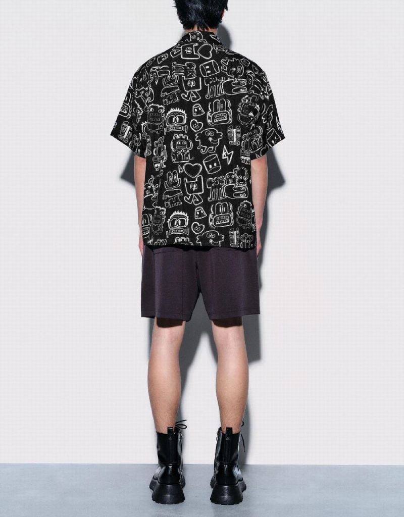 Black Men's Urban Revivo Graffiti Printed Oversized Shirts | GUT9257ZT