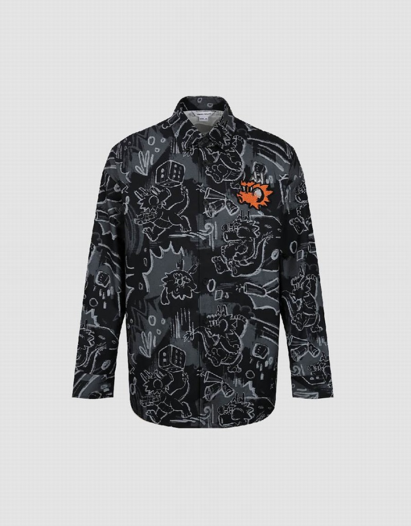 Black Men's Urban Revivo Graffiti Printed Button Up Loose Shirts | BLI5057QQ